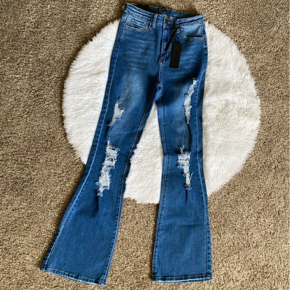 Nina Rossi Jeans Super High Rise Flare Long New Distressed‎ Women’s Size 9